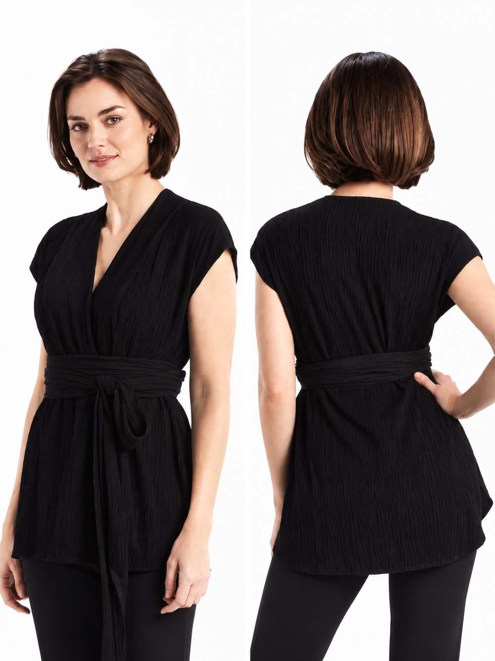 M.M.LaFleur Valerie Pleated Jersey Wrap Top Black Size L